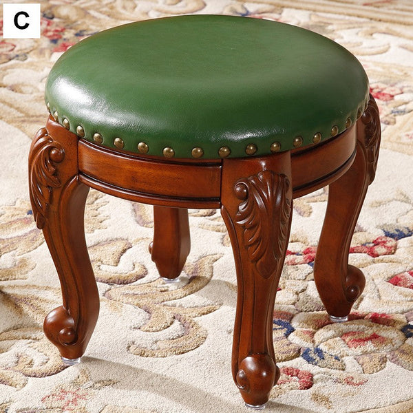 Solid Wood Ottoman, Rubberwood Entry Bench, Vanity Stool, Genuine Leather Solid Wood Entry Bench, Vintage Round Stool-Grace Painting Crafts