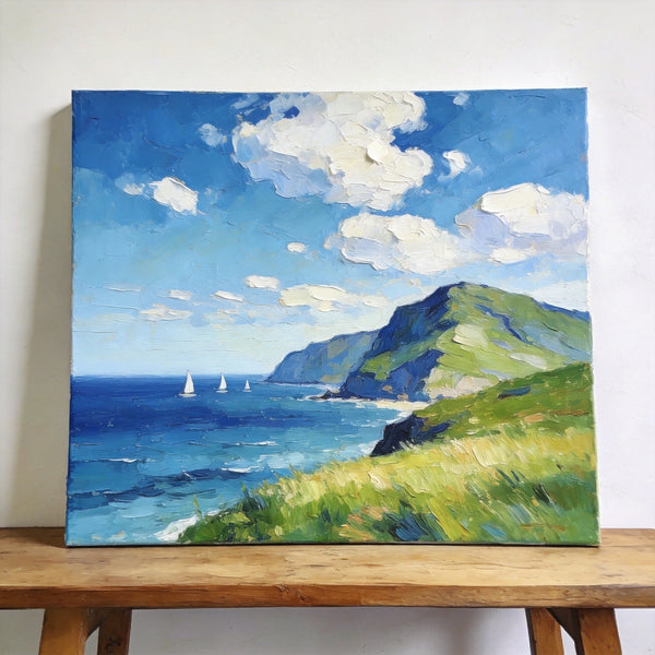 Hand Painted Canvas Art, Sailboats Beneath the Coastal Clouds, Original Small Paintings, Original Oil Paintings, Buy Small Artwork Online, Small Canvas Wall Art Paintings-Grace Painting Crafts