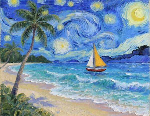 Starry Night by the Sea, Original Oil Paintings, Small Landscape Paintings, Small Oil Paintings on Canvas, Small Paintings on Canvas, Hand Painted Canvas Art-Grace Painting Crafts