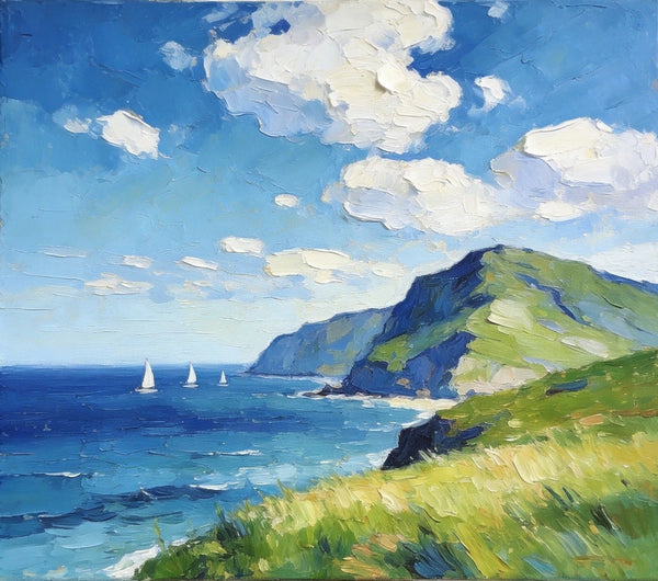 Hand Painted Canvas Art, Sailboats Beneath the Coastal Clouds, Original Small Paintings, Original Oil Paintings, Buy Small Artwork Online, Small Canvas Wall Art Paintings-Grace Painting Crafts