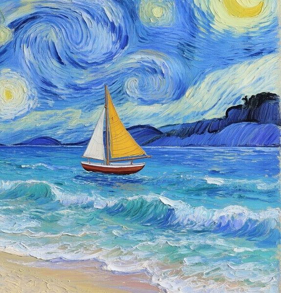 Starry Night by the Sea, Original Oil Paintings, Small Landscape Paintings, Small Oil Paintings on Canvas, Small Paintings on Canvas, Hand Painted Canvas Art-Grace Painting Crafts