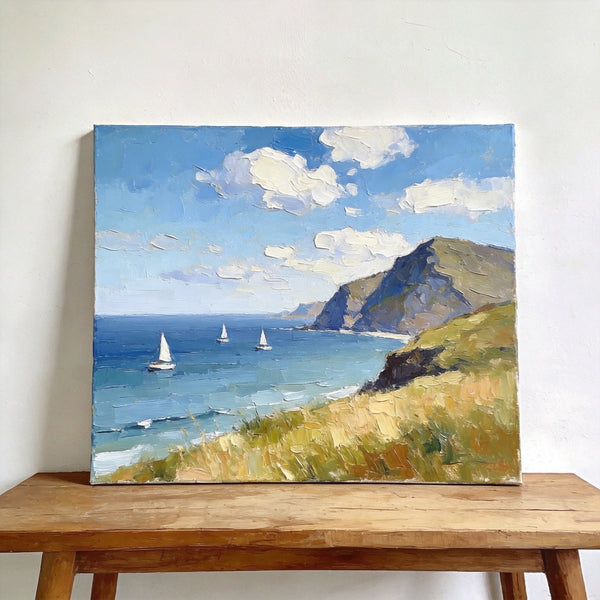 Impressions of a Sunny Seaside Day, Hand Painted Canvas Art, Original Seascape Paintings, Original Oil Paintings, Buy Small Artwork Online, Small Canvas Wall Art Paintings-Grace Painting Crafts
