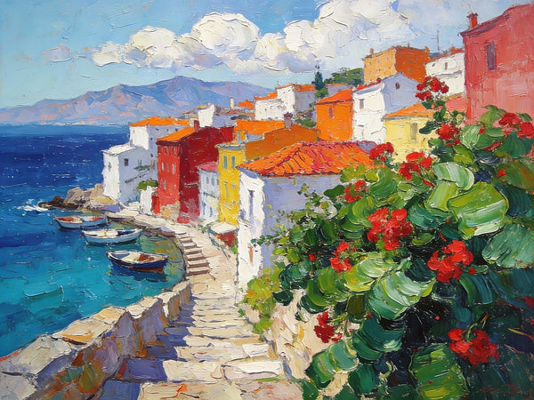 The Quiet Seaside Town, Summer Resort, On Canvas Small Paintings, Hand Painted Canvas Art, Small Landscape Paintings, Original Oil Paintings, Small Wall Art Paintings-Grace Painting Crafts