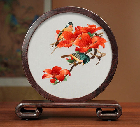 Beautiful Flower and Birds Silk Embroidery Ornaments, Traditional Chinese Suzhou Silk Embroidery, Exclusive Business Presents, Creative Birthday Gift, Premium Souvenir-Grace Painting Crafts