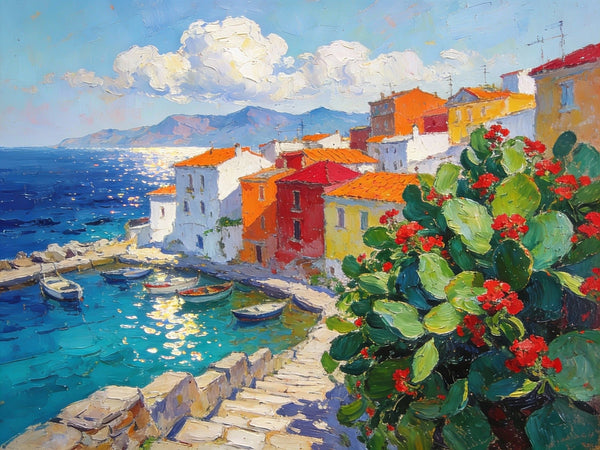 Small Canvas Art, Vibrant Coastal Village, Colorful Houses by the Sea, Original Wall Paintings, On Canvas Small Paintings, Original Artwork Small Paintings, Small Landscape Paintings-Grace Painting Crafts
