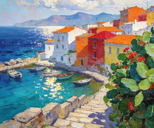 Small Canvas Art, Vibrant Coastal Village, Colorful Houses by the Sea, Original Wall Paintings, On Canvas Small Paintings, Original Artwork Small Paintings, Small Landscape Paintings-Grace Painting Crafts