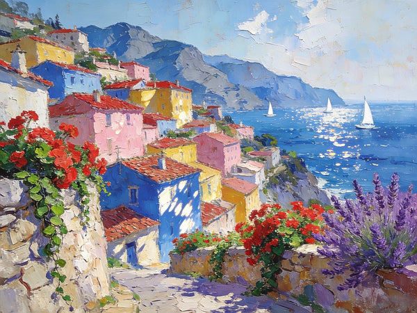 Scenery of a Mediterranean Seaside Resort, Palette Knife Artwork, Small Landscape Paintings, Small Oil Paintings on Canvas, Hand Painted Canvas Art, Original Oil Paintings-Grace Painting Crafts