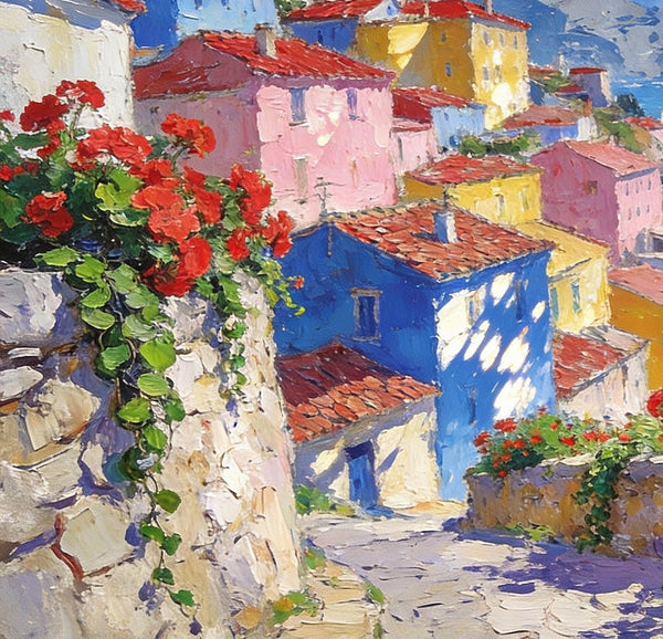 Scenery of a Mediterranean Seaside Resort, Palette Knife Artwork, Small Landscape Paintings, Small Oil Paintings on Canvas, Hand Painted Canvas Art, Original Oil Paintings-Grace Painting Crafts