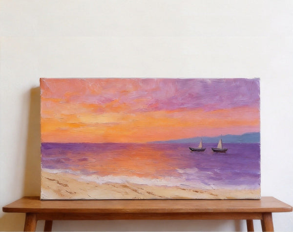 Original Seascape Paintings, Amber Dusk Over the Quiet Shore, Sunset Paintings, Small Canvas Wall Art Paintings, Hand Painted Canvas Art-Grace Painting Crafts