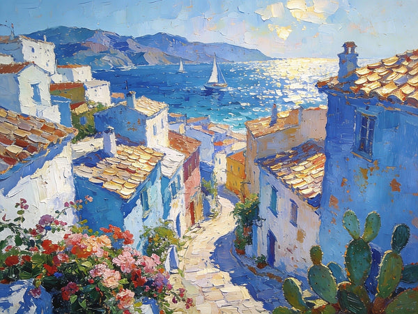 Small Oil Paintings on Canvas, A Mediterranean Seaside Resort Town, Hand Painted Canvas Art, Impasto Artwork, Original Oil Paintings, Small Landscape Paintings on Wall-Grace Painting Crafts