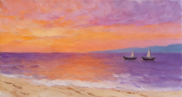 Original Seascape Paintings, Amber Dusk Over the Quiet Shore, Sunset Paintings, Small Canvas Wall Art Paintings, Hand Painted Canvas Art-Grace Painting Crafts