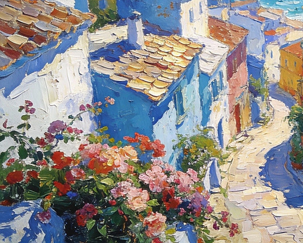 Small Oil Paintings on Canvas, A Mediterranean Seaside Resort Town, Hand Painted Canvas Art, Impasto Artwork, Original Oil Paintings, Small Landscape Paintings on Wall-Grace Painting Crafts