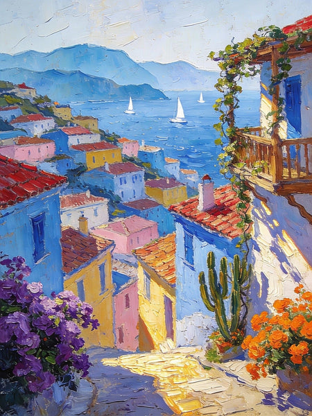 A Seaside Town on the Mediterranean, Seashore Beach, Small Landscape Paintings, Impasto Paintings, Small Paintings on Canvas, Palette Knife Oil Paintings, Original Small Paintings on Canvas-Grace Painting Crafts