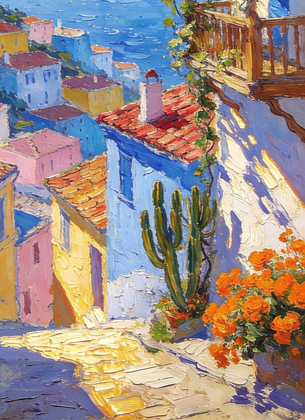A Seaside Town on the Mediterranean, Seashore Beach, Small Landscape Paintings, Impasto Paintings, Small Paintings on Canvas, Palette Knife Oil Paintings, Original Small Paintings on Canvas-Grace Painting Crafts