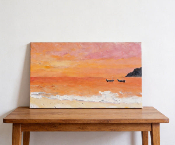 Hand Painted Canvas Artwork, Small Canvas Wall Art Paintings, Sunset Paintings, Boats Adrift in Sunset Glow, Original Seascape Paintings-Grace Painting Crafts