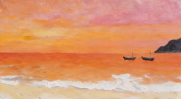 Hand Painted Canvas Artwork, Small Canvas Wall Art Paintings, Sunset Paintings, Boats Adrift in Sunset Glow, Original Seascape Paintings-Grace Painting Crafts