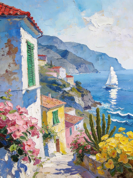 Summer in a Seaside Town, Original Artwork Small Paintings, On Canvas Small Paintings, Palette Knife Artwork, Landscape Canvas Paintings, Hand Painted Canvas Art-Grace Painting Crafts
