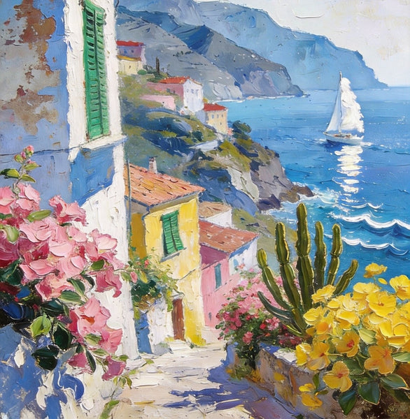 Summer in a Seaside Town, Original Artwork Small Paintings, On Canvas Small Paintings, Palette Knife Artwork, Landscape Canvas Paintings, Hand Painted Canvas Art-Grace Painting Crafts