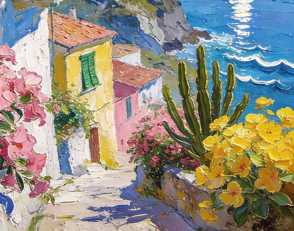 Summer in a Seaside Town, Original Artwork Small Paintings, On Canvas Small Paintings, Palette Knife Artwork, Landscape Canvas Paintings, Hand Painted Canvas Art-Grace Painting Crafts