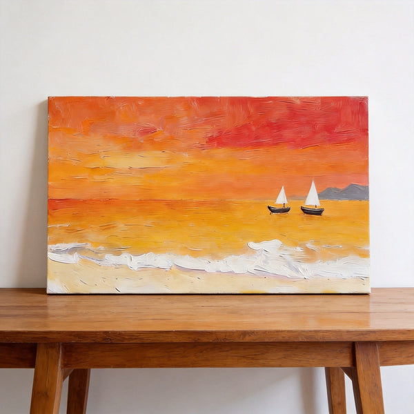Small Canvas Wall Art Paintings, Original Seascape Paintings, Sailing into the Tangerine Dusk, Seashore Sunset Paintings, Hand Painted Canvas Art-Grace Painting Crafts