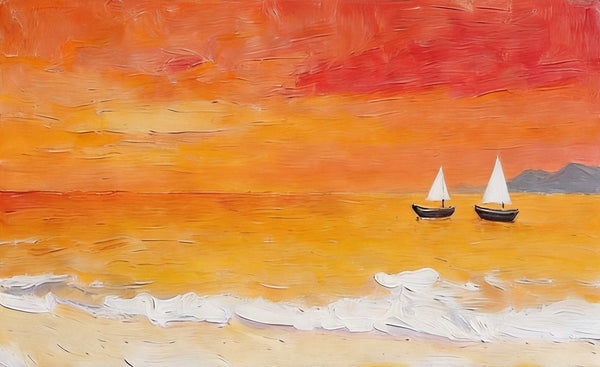Small Canvas Wall Art Paintings, Original Seascape Paintings, Sailing into the Tangerine Dusk, Seashore Sunset Paintings, Hand Painted Canvas Art-Grace Painting Crafts