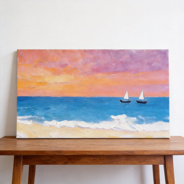 Sunset Paintings, Tranquil Blue Sea at Sunset, Original Seascape Paintings, Small Canvas Wall Art Paintings, Hand Painted Canvas Artwork-Grace Painting Crafts