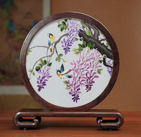 Flower and Birds Silk Embroidery Ornaments, Exclusive Business Presents, Creative Birthday Gift, Premium Souvenir, Traditional Chinese Suzhou Silk Embroidery-Grace Painting Crafts