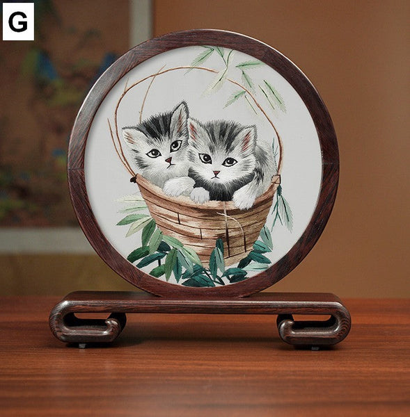 Unique Birthday Gift, Traditional Chinese Suzhou Kitten Embroidery Ornament, Lovely Kitty Cat Embroidered Decor, Premium Souvenir, Exclusive Business Present-Grace Painting Crafts