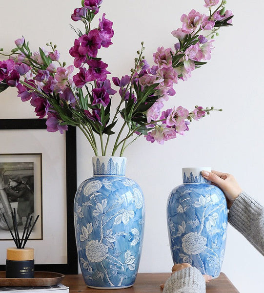 Large Flower Vases on Dining Table, Blue Porcelain Flower Vases, Centerpiece Ceramic Bouquet Vases, Handmade Modern Flower Vase-Grace Painting Crafts