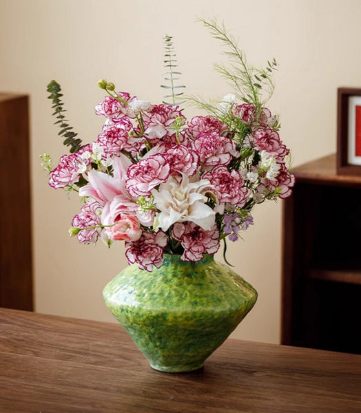Modern Pottery Flower Vases, Handmade Water Holding Flower Vases, Pottery Bud Vases, Large Green Flower Vases on Table, Centerpiece on Dining Table-Grace Painting Crafts