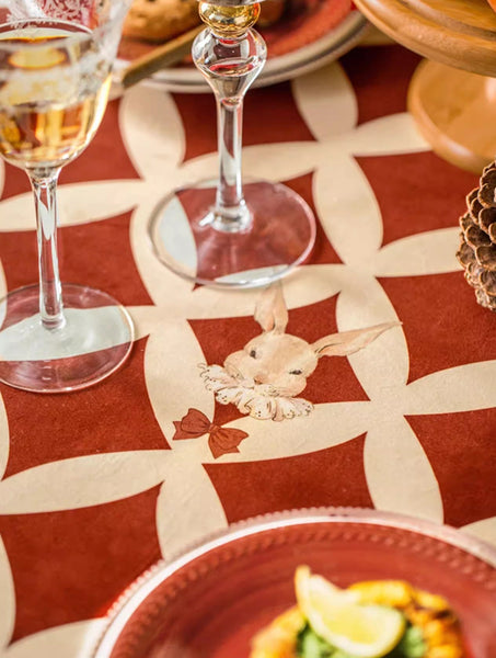 Holiday Red Tablecloth for Dining Table, Rabbit Pattern Table Cover for Dining Room Table, Modern Rectangle Tablecloth for Oval Table-Grace Painting Crafts