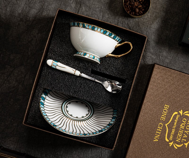 Unique Tea Cup and Saucer in Gift Box, Elegant British Ceramic Coffee Cups, Bone China Porcelain Tea Cup Set for Office, Green Ceramic Cups-Grace Painting Crafts