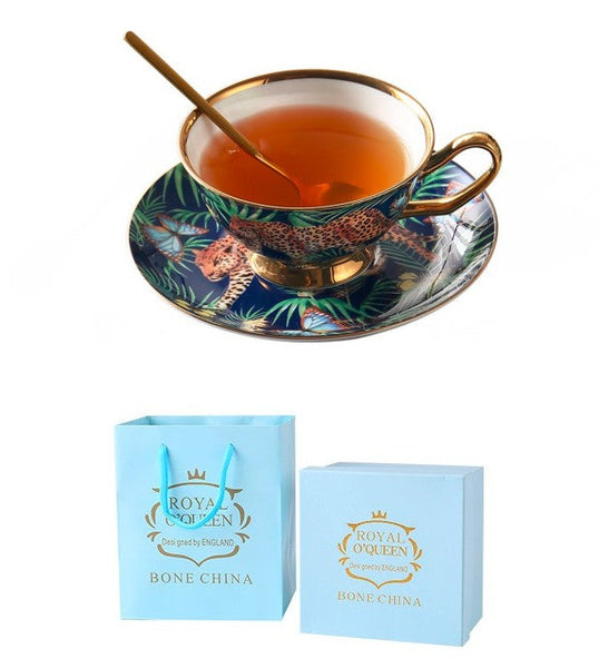 Creative Leopard Ceramic Coffee Cups, 6.8 oz Tea Cup and Saucer in Gift Box as Birthday Gift, Beautiful British Tea Cups, Creative Porcelain Tea Cup Set-Grace Painting Crafts