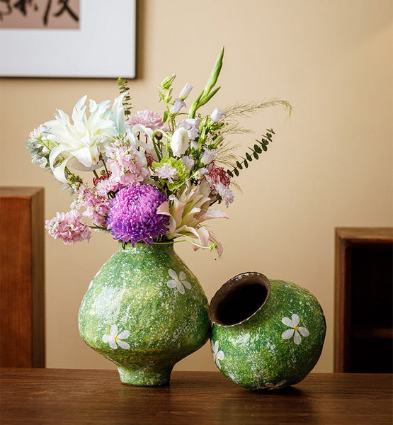 Modern Pottery Flower Vases, Centerpiece on Dining Table, Handmade Water Holding Flower Vases, Pottery Bud Vases, Large Green Flower Vases on Table-Grace Painting Crafts