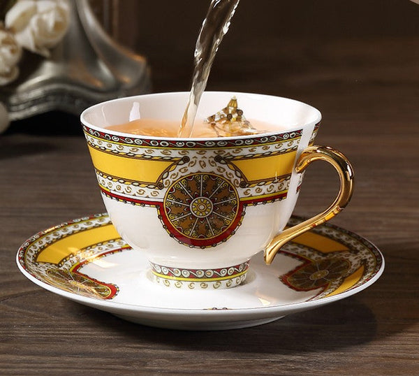 Handmade Beautiful British Tea Cups, Creative Bone China Porcelain Tea Cup Set, Yellow Royal Ceramic Coffee Cups, Unique Tea Cups and Saucers-Grace Painting Crafts