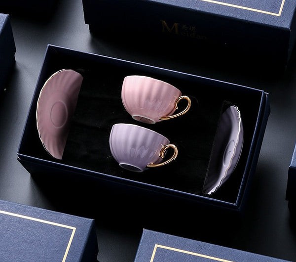 Macaroon Ceramic Coffee Cups, 6.8 oz Tea Cup and Saucer Set of 2 Cups in Gift Box as Birthday Gift, Beautiful Elegant British Tea Cups, Creative Porcelain Tea Cup Set-Grace Painting Crafts