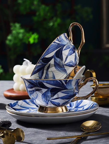 Unique British Tea Cup and Saucer in Gift Box, Blue Porcelain Tea Cup Saucer Set, 7.4 oz British Ceramic Coffee Cups-Grace Painting Crafts