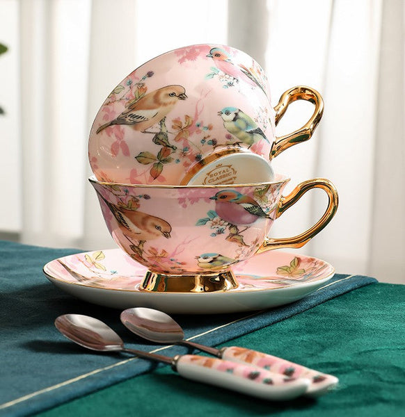 Unique Tea Cup and Saucer in Gift Box, Lovely Birds Ceramic Cups, 8 oz Ceramic Coffee Cups, Afternoon Porcelain Tea Cup Set-Grace Painting Crafts