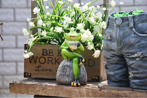 Frog Drinking Coffee Statue for Garden, Animal Statue for Garden Courtyard Ornament, Villa Outdoor Decor Gardening Ideas-Grace Painting Crafts