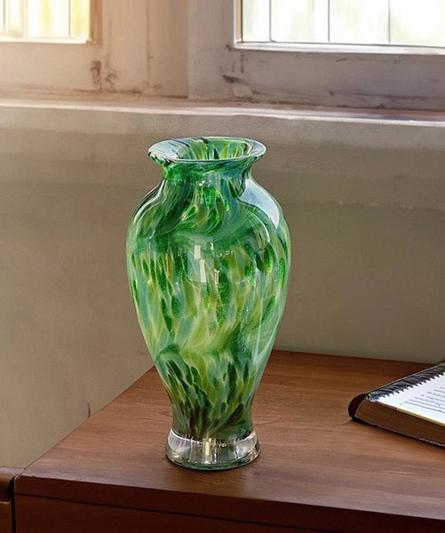 Large Green Glass Flower Vases, Modern Glass Flower Vases, Water Holding Flower Vases, Handmade Flower Vases on Table-Grace Painting Crafts