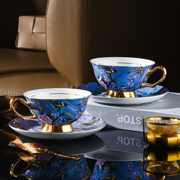 Blue Bird and Butterfly Porcelain Tea Cup Saucer Set, 7.4 oz British Tea Cup and Saucer in Gift Box, Elegant British Ceramic Coffee Cups-Grace Painting Crafts
