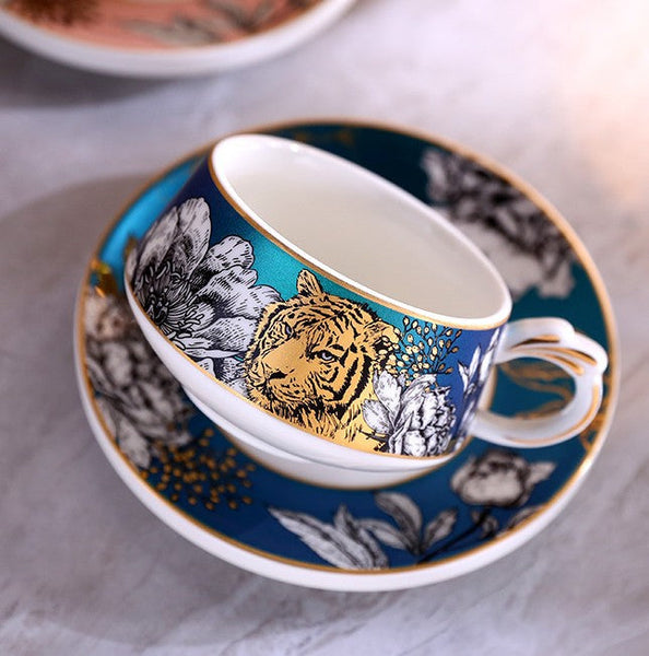 Handmade Ceramic Cups with Gold Trim and Gift Box, Jungle Tiger Cheetah Porcelain Coffee Cups, Creative Ceramic Tea Cup and Saucer-Grace Painting Crafts