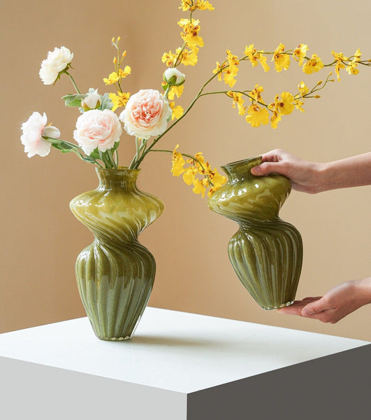 Handmade Contemporary Glass Vases, Modern Green Vases for Living Room, Mid Century Vases for Flowers, Unique Decorative Glass Vase, Centerpiece Vases on Table-Grace Painting Crafts