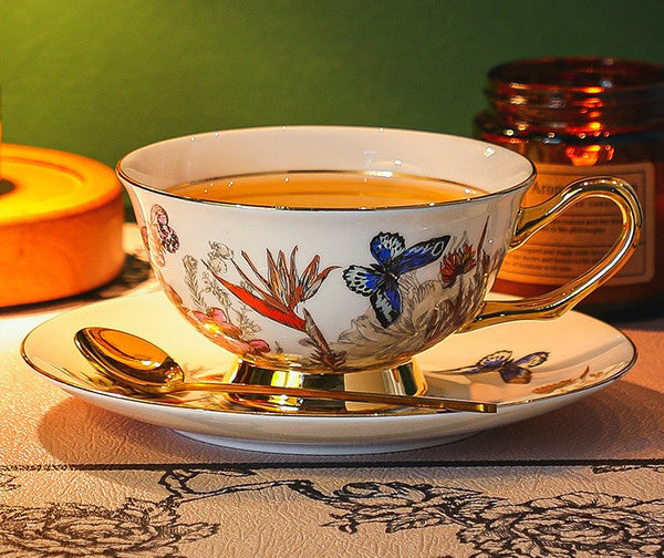 British Traditional Afternoon Tea Cup and Saucer Set, Ceramic Coffee Cups in Gift Box, Butterfly Pattern Porcelain Tea Cup and Saucer Set