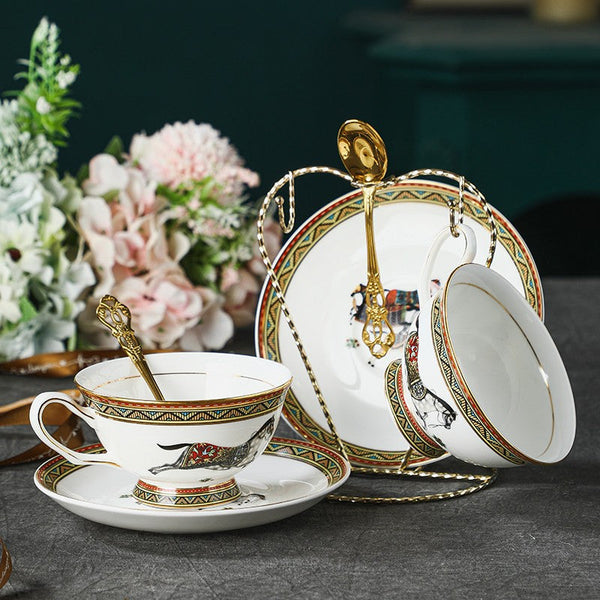 Porcelain Tea Cup and Saucer Set, Elegant British Horse Pattern Coffee Cup with Saucer, Ceramic Tea Cup and Saucer in Gift Box