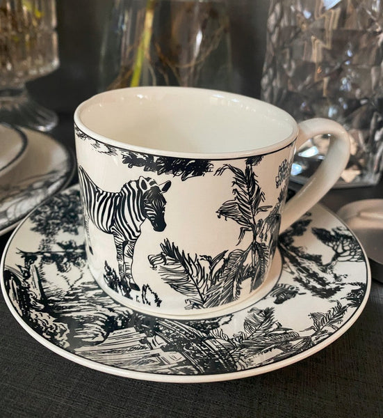 Royal Ceramic Cups, Elegant Ceramic Coffee Cups, 6.8 oz Tea Cup and Saucer in Gift Box, Zebra Jungle Porcelain Tea Cup Saucer Set-Grace Painting Crafts
