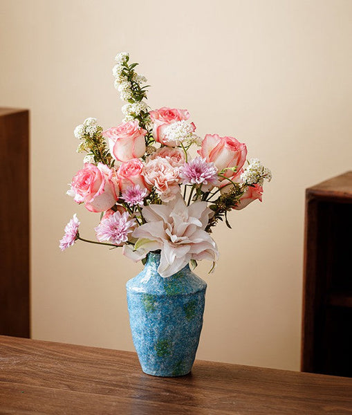 Centerpiece on Dining Table, Blue Flower Vase on Table, Handmade Water Holding Flower Vases, Pottery Flower Vases, Modern Bouquet Flower Vases-Grace Painting Crafts