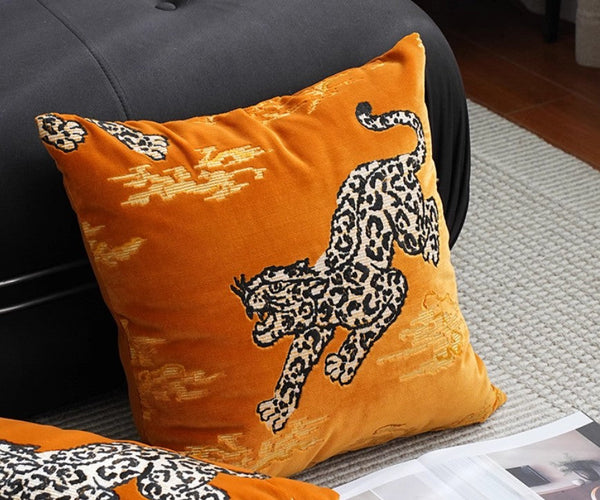 Contemporary Modern Sofa Pillows, Yellow Embroidery Tiger Pattern Pillows for Couch, Decorative Throw Pillows for Bedroom, Large Modern Sofa Pillow for Living Room-Grace Painting Crafts