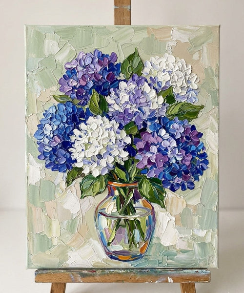 Original Oil Paintings, Hand Painted Canvas Art, Original Flower Paintings, Blue and White Hydrangea Flowers in Glass Vase, Small Canvas Artwork, Impasto Canvas Artwork-Grace Painting Crafts