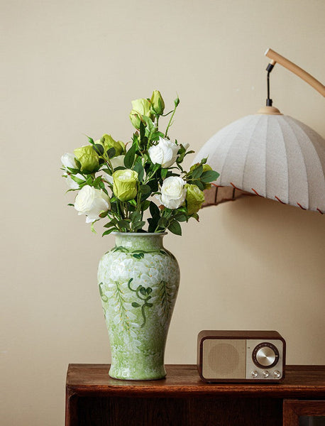 Large Flower Vases on Table, Green Porcelain Flower Vases, Centerpiece Ceramic Bud Vases, Handmade Water Holding Flower Vase-Grace Painting Crafts
